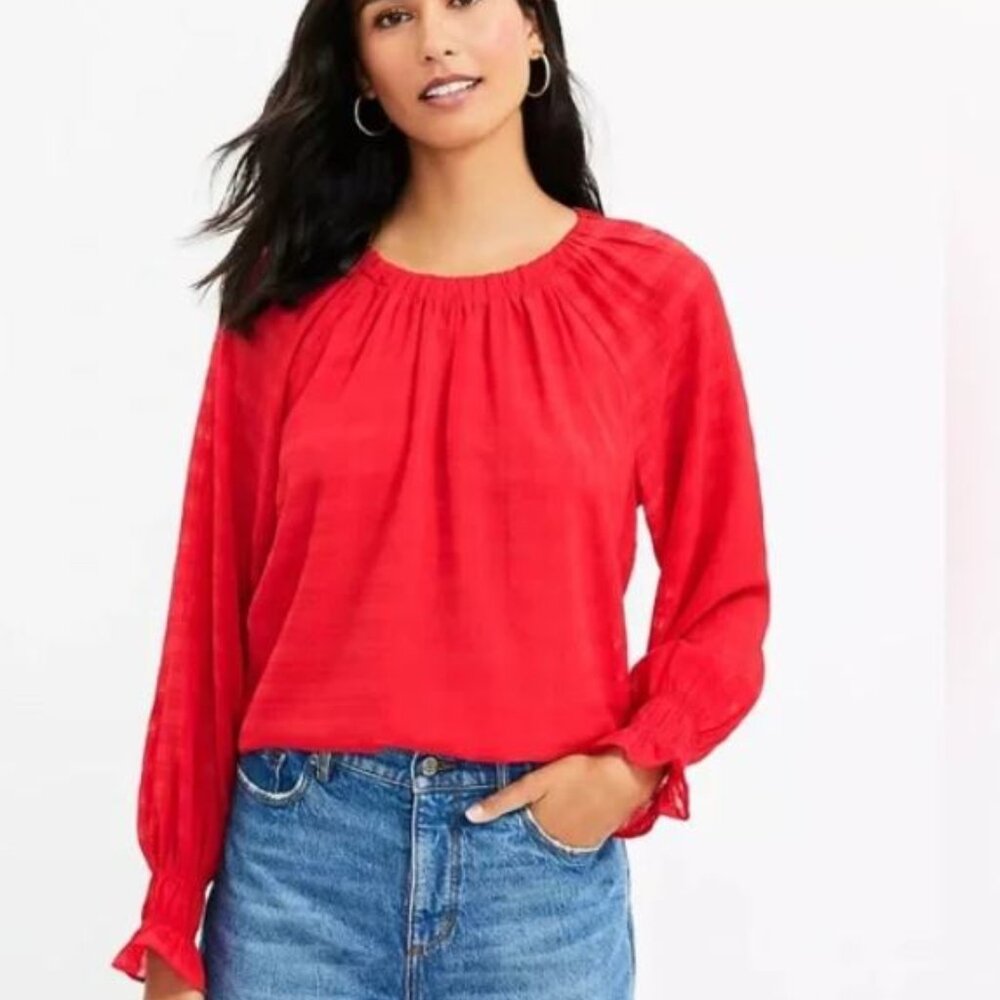 NWT LOFT Red Smocked Cuff Blouse Size XS